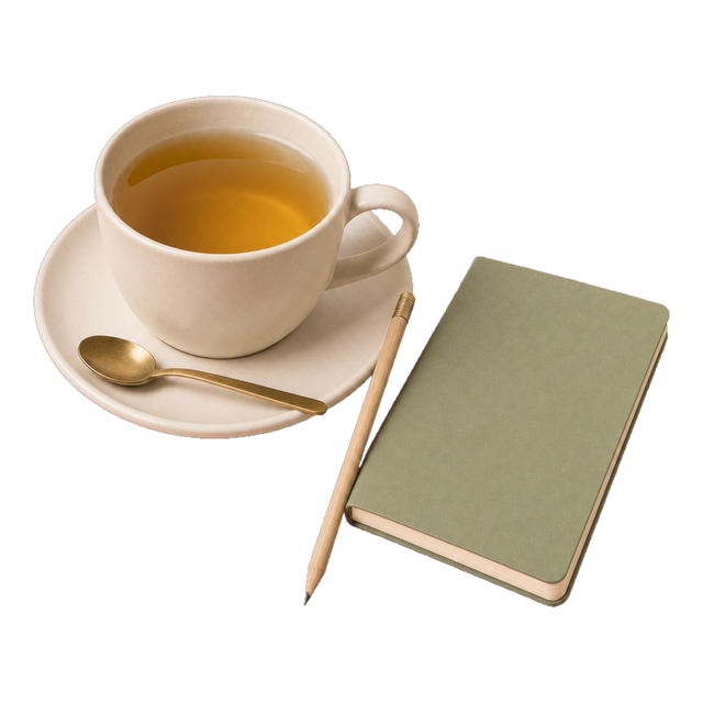 Tasse Kräutertee mit Untertasse, Löffel, Notizbuch und Bleistift, freigestellt
